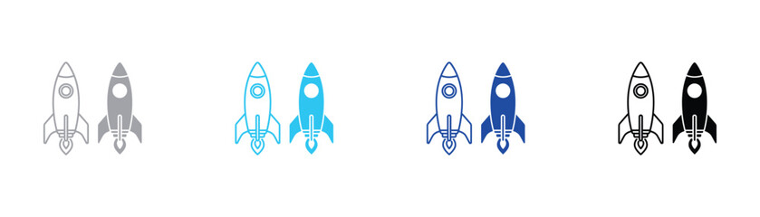 Rocket launch icon set with outline and solid black style for space and startup themes business innovation technology collection silhouette exploration transport strategy enterprise © SilentSmog
