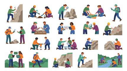 Fototapeta premium Geology Paleontology Earth Science Research Flat Vector Illustration Set of Scientists Exploring Rocks and Fossils