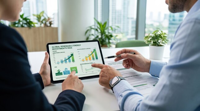 Business professionals analyzing global renewable energy investment growth charts on tablet in modern office