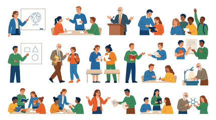 Fototapeta premium Flat Illustration of Diverse Students and Teachers in Classroom, Education Scene