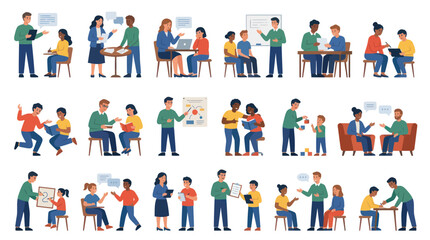 Fototapeta premium Flat vector illustration depicting diverse people engaged in educational activities, learning, teaching, mentoring, and business communication.