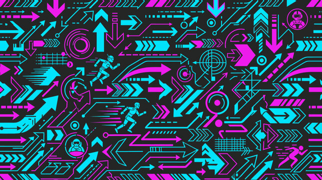 Dynamic Futuristic Technology Background with Cybernetic Arrows Running Bots and Abstract Grid Elements