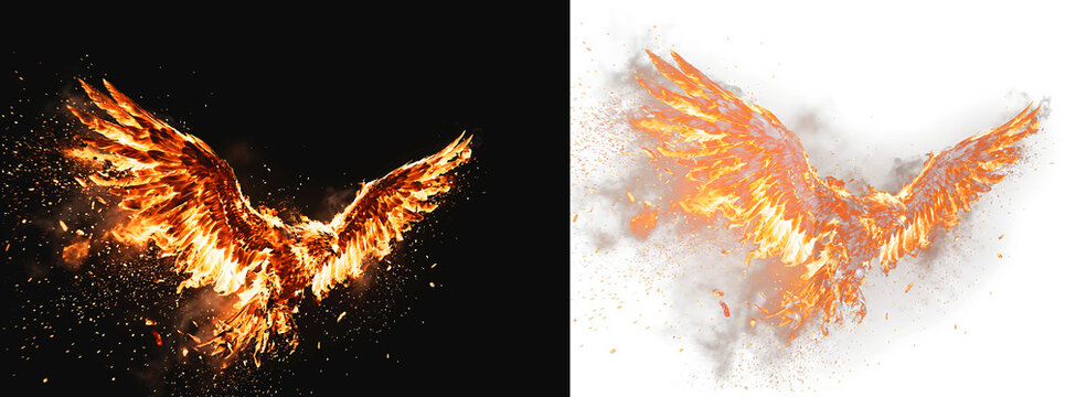 Fiery phoenix wings spreading with glowing particles isolated on black and transparent.