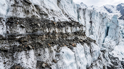 Fototapeta premium Close Up View Of Dirt Band Moraines Layered Within Pristine Glacier Ice Showing Natural Textures