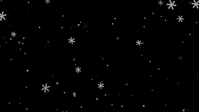 snowflake and particle dark and grain processed, falling snow. Winter holidays animated snowflakes on black background. loopable snowing - stylised loopable background. falling snow winter transparent