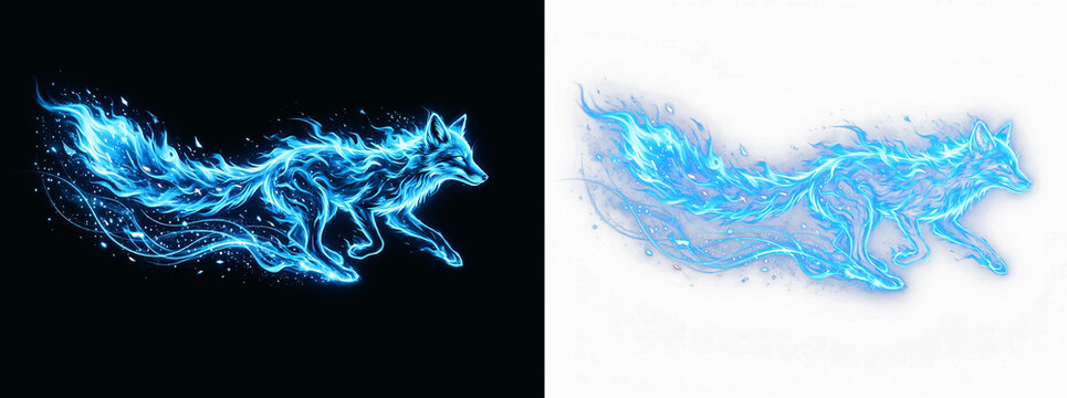 Running fox made of bright blue flames with sparkling particles on split screen backdrop.