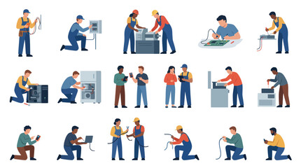 Fototapeta premium Technical Services and Electronics Repair Flat Vector Illustration Set. Engineers, Electricians, and Technicians at Work.