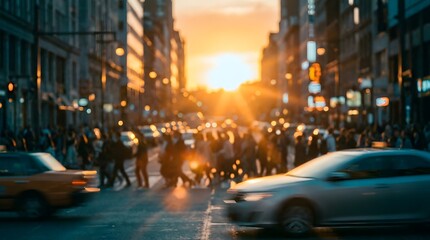 Obraz premium Crowd walking on a busy city street during a golden sunset with blurred cars in the foreground