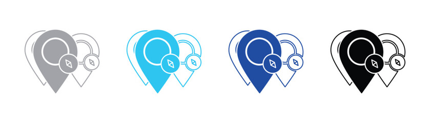 Dual location pin icons with small compass navigation symbols for gps mapping design location navigation waypoint direction position tracking interface isolated geography orientation © SilentSmog
