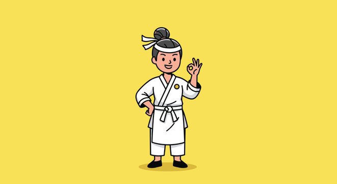 Young boy character in a white martial arts uniform performs a karate pose and shows an okay hand sign on a bright yellow background.