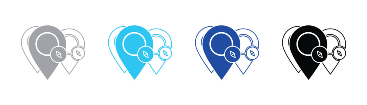 Dual location pin icons with small compass navigation symbols for gps mapping design location navigation waypoint direction position tracking interface isolated geography orientation
