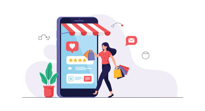 Illustration of online shopping with a woman carrying shopping bags walking past a large smartphone screen designed like a store front.