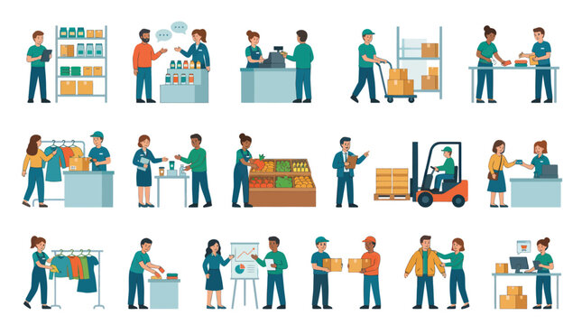 Flat Design Vector Retail, Logistics  E-commerce Staff Operations  Customer Service Set