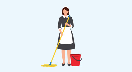 Fototapeta premium Female hotel maid or cleaning lady in a traditional uniform holds a mop next to a red bucket against a plain light blue background.