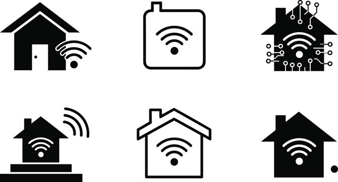 Minimalist smart home technology icon set featuring solid and linear house shapes with wireless wifi signal lines and electronic circuit nodes for interface design projects