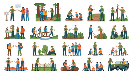 Fototapeta premium Park Ranger Activities Flat Vector Icons - Nature, Hiking, Conservation