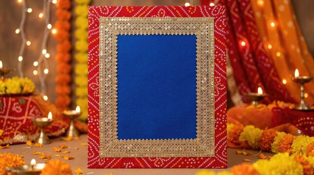 Decorative Indian Frame With Blue Centerpiece on Festive Altar With Marigolds and Diyas