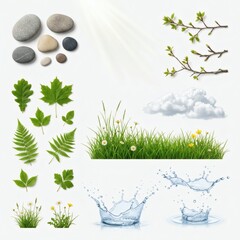 Fototapeta premium Isolated nature elements like stones, leaves, grass, water splashes, and branches are shown.