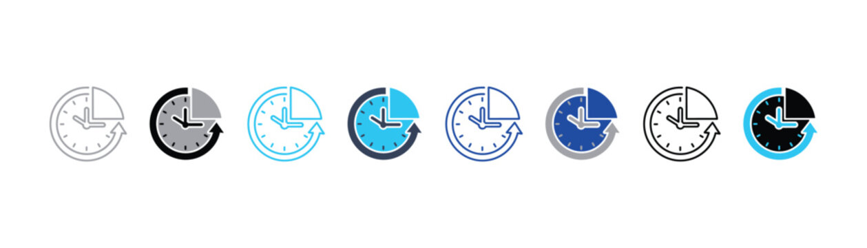 Circular clock icons featuring pie chart segment with arrow symbolizing time allocation and resource distribution allocation resource management distribution planning illustration business