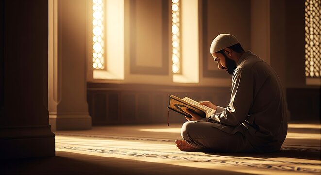 Muslim man reading holy book in peaceful mosque interior