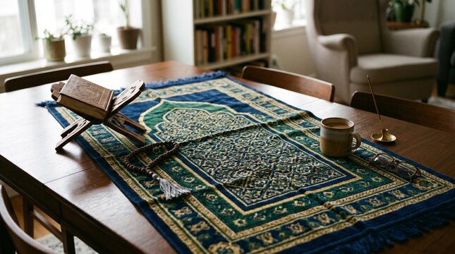 Alquran terbuka di atas rehal dan tasbih di sajadah melambangkan kedamaian spiritual, ibadah, dan pengabdian agama yang khusyuk.