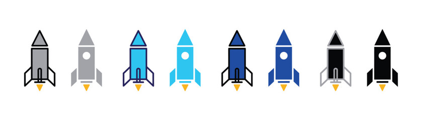 Set of minimalist rocket ship icons featuring blue fill and outline styles for space exploration concepts exploration astronomy technology minimalist isolated illustration navigation transport © SilentSmog