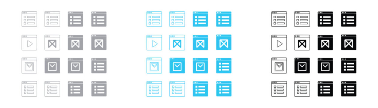 Web browser interface element icons collection including lists and action buttons with interface elements navigation collection software technology controls template information abstract