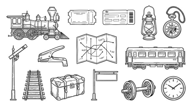 Hand draw vintage train and railway travel icon set with steam locomotive and ticket on white background