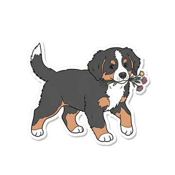 Cute bernese mountain puppy holding flowers in mouth isolated illustration transparent background