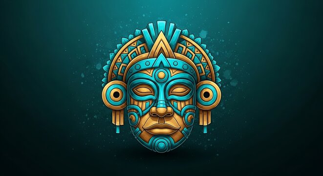 Ancient Mayan Gold and Turquoise Tribal Mask Illustration