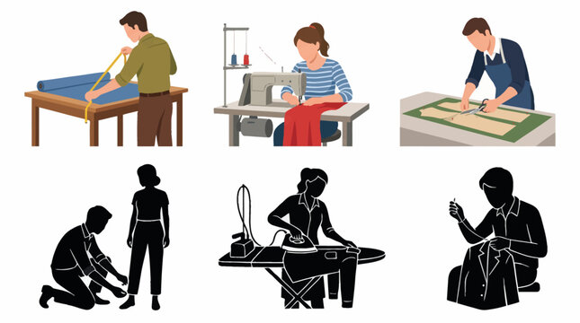 Professional vector collection featuring 6 different tailor character poses, sewing clothes, measuring fabric, using sewing machine, cutting patterns, fashion alterations