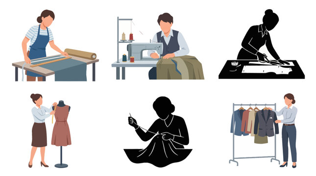 Professional vector collection featuring 6 different tailor character poses, sewing clothes, measuring fabric, using sewing machine, cutting patterns, fashion alterations