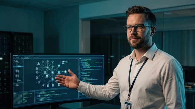 IT professional presenting data on computer screen in dark office environment.