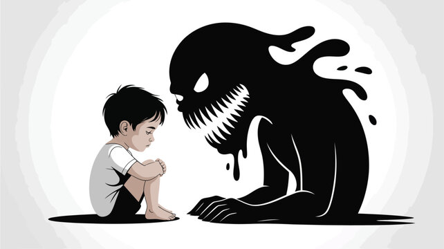 Depressed child facing an intimidating scary monster symbolizing inner fears