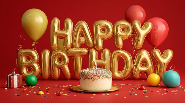 Festive birthday celebration featuring a delicious sprinkle cake with a single glowing candle and shiny gold letter shaped balloon decorations