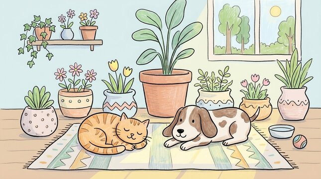 An orange cat naps next to a spotted dog resting on a rug surrounded by plants on a sunny day