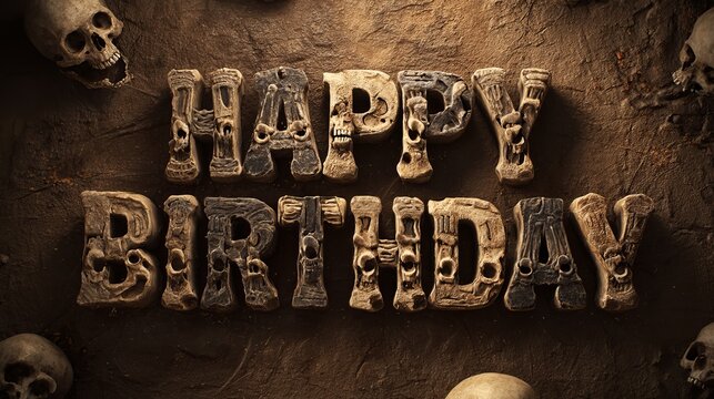 Three dimensional happy birthday text crafted from weathered human bones and ancient skulls resting on a dark rugged stone surface