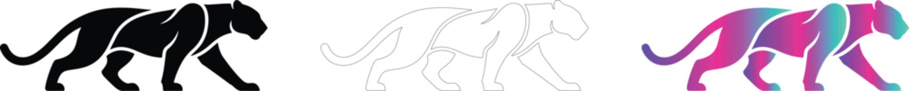 Minimalist panther silhouette icons set with solid black outline and gradient fill