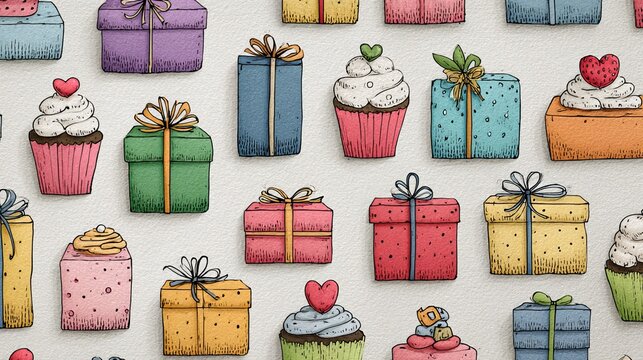 Hand drawn collection of colorful gift boxes and delicious sweet cupcakes arranged in a whimsical pattern on white textured paper