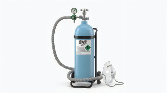 Medical oxygen tank cylinder with mask on a mobile cart