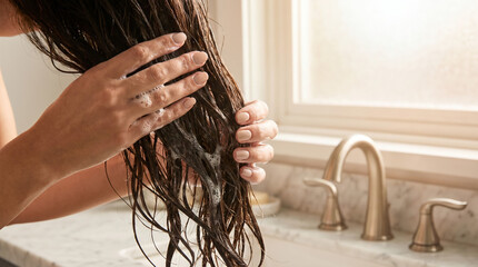 Naklejka premium Close up view of female hands gently massaging rich white shampoo lather or soap foam into wet hair during a morning shower or hair care routine.