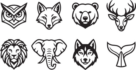 Obraz premium Set of animal head icons featuring graphic wildlife silhouettes isolated on a plain white background.
