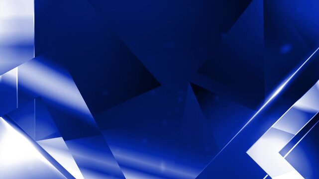 Blue elegant abstract dynamic background. Creative animated geometric shapes. Triangles, squares, stripes lines. Color gradien