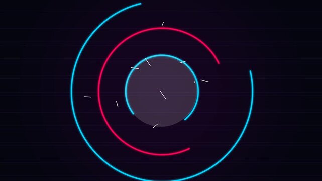 Abstract glowing circular elements with neon rings and dark background