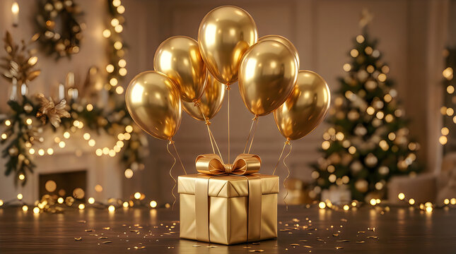 Golden balloons and gift box in a cozy christmas room