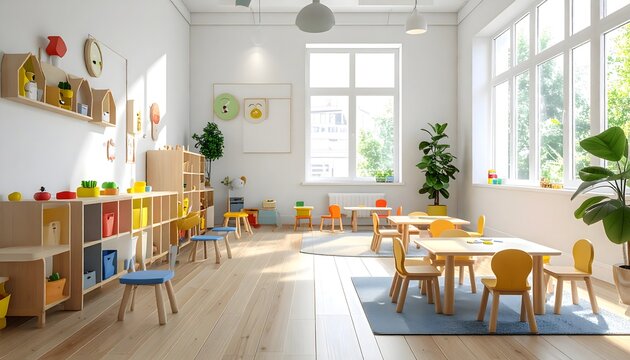 Aula infantil luminosa con mesas, sillas peque&ntilde;as, juguetes y estanter&iacute;as coloridas en una guarder&iacute;a moderna