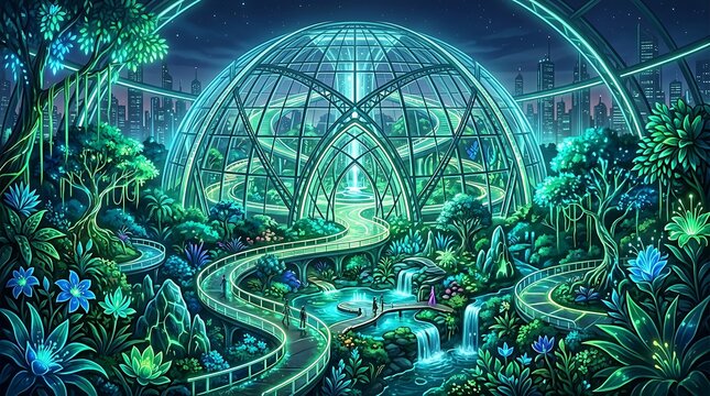 Futuristic bioluminescent garden inside a glowing glass dome at night