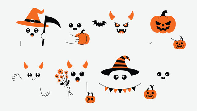 Diverse collection of cute and spooky cartoon Halloween elements on a white background