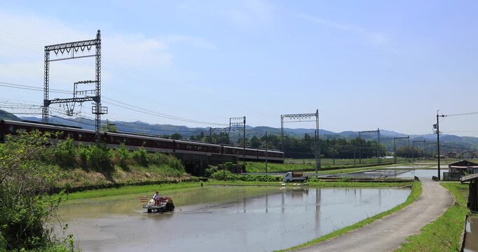 Kintetsu Train Passing Rice Fields | 4K 4096 | Silent RAW Footage