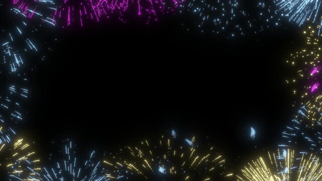 Fireworks explode in a circular border pattern against a deep black night sky.